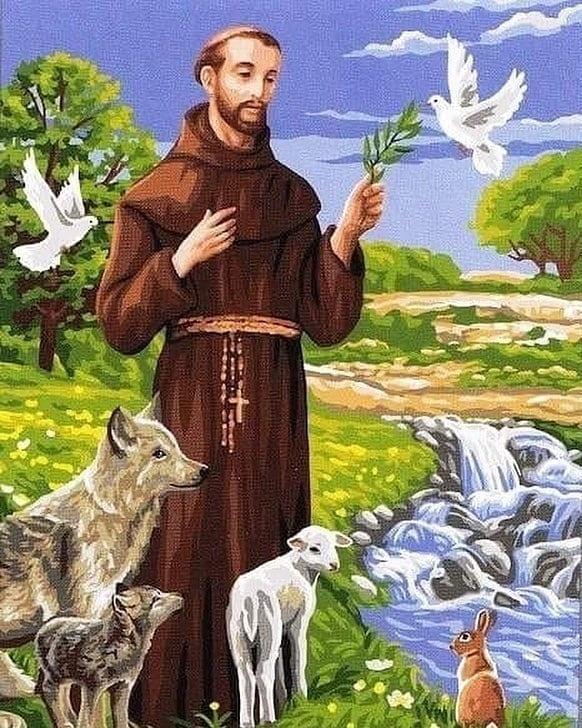 São Francisco de Assis rodeado de aves e outros animais